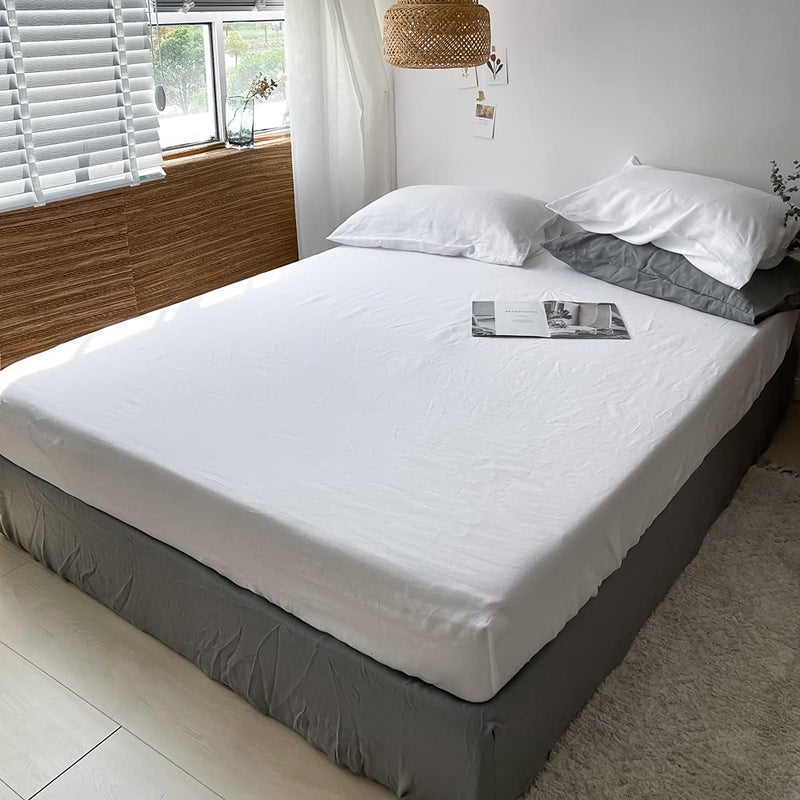 King Linens 100% Linen Fitted Sheet Stone Washed Solid Color - (1 Piece) 14 inch Deep Pocket Mattress Cover Soft Natural Breathable Farmhouse - White, Queen Size - Image 5